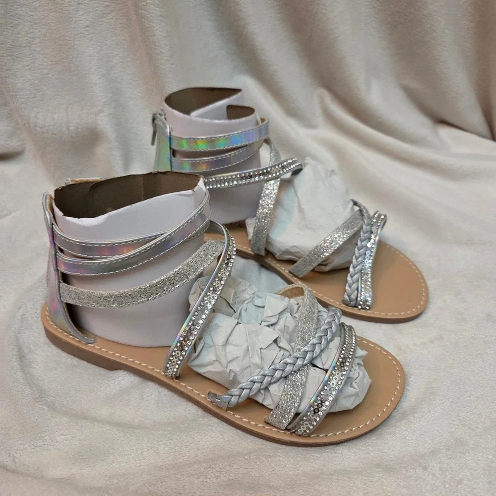 Girls Silver Iridescent Gladiator Sandals Rhinestone Glitter Strappy Size 3